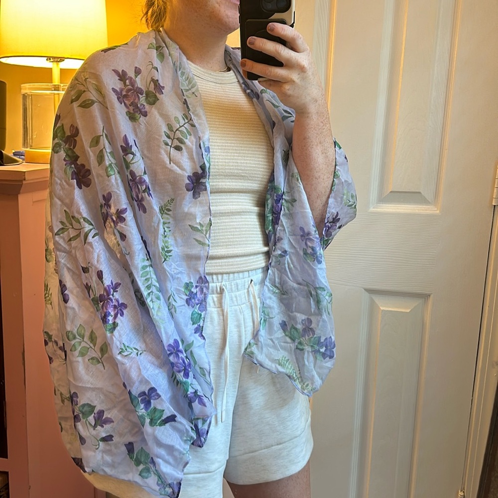 Purple Flower Green Leaf Scarf Wrap